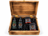 Coffret 4 Légendes version mixte - 2 huiles et 2 baumes à barbe dans un coffret de bois gravé - Créations Gueule de Bois
