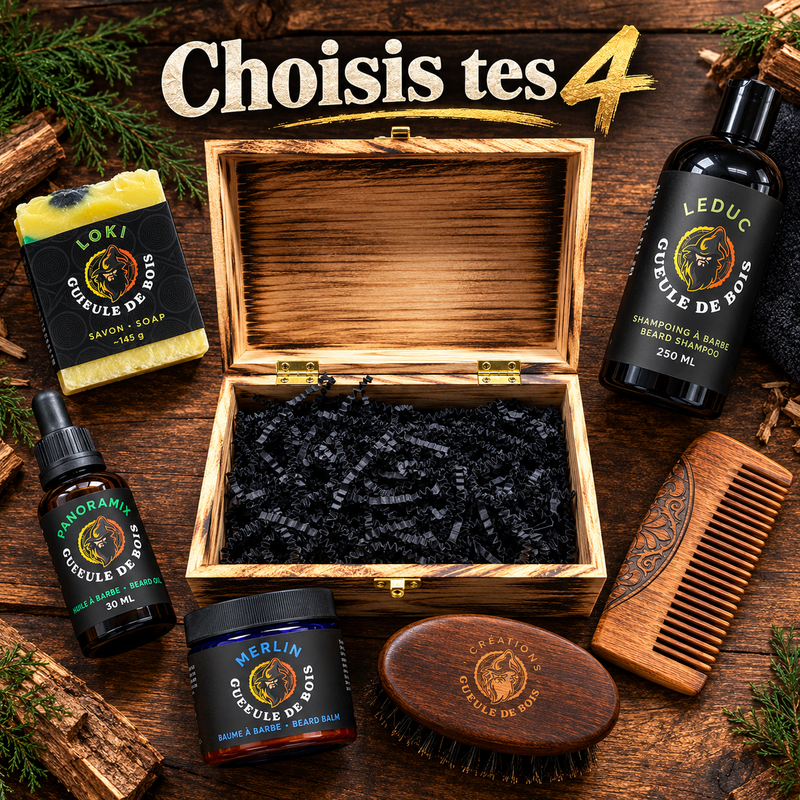 Choisis tes 4 : coffret de bois ouvert entouré de soins et d'accessoires pour la barbe