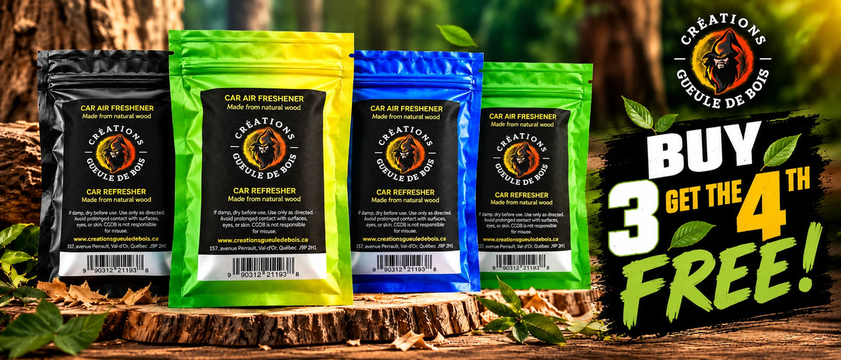 Créations Gueule de Bois natural wood car air fresheners: buy 3, get the 4th free