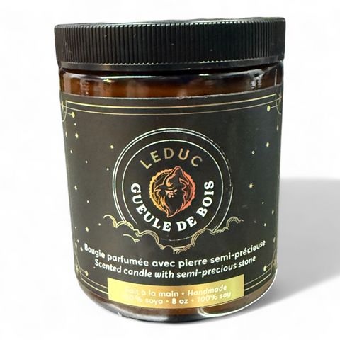 Chandelle de soya Leduc artisanale mèche en bois et pierres semi-précieuses - Créations Gueule de Bois